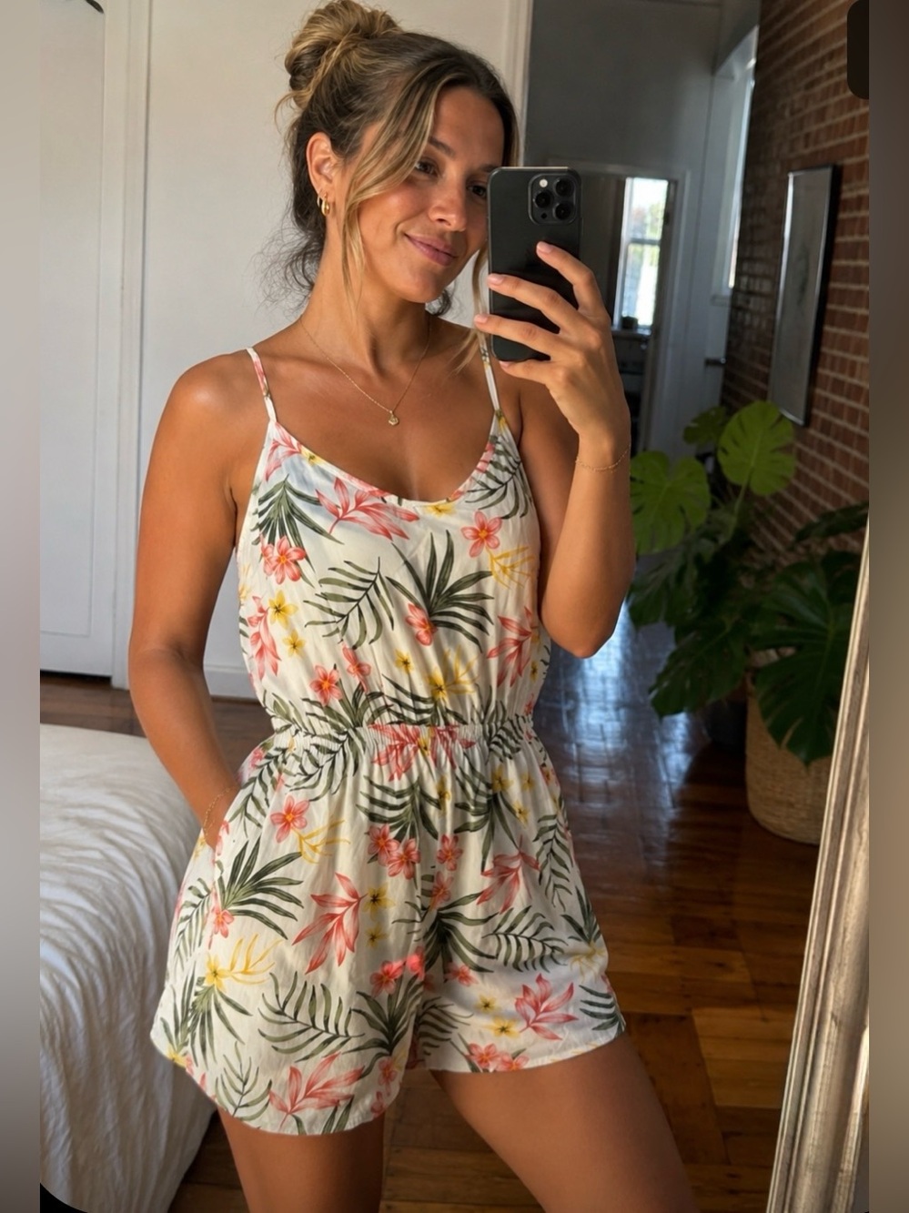 Floral White Tropical Print Romper with Spaghetti Straps